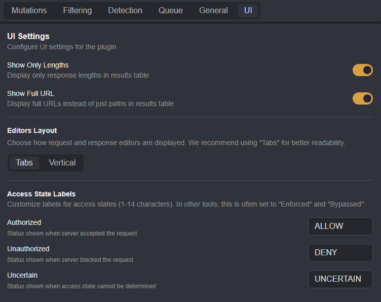The Autorize UI options.