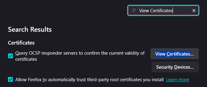 The View Certificates settings option.